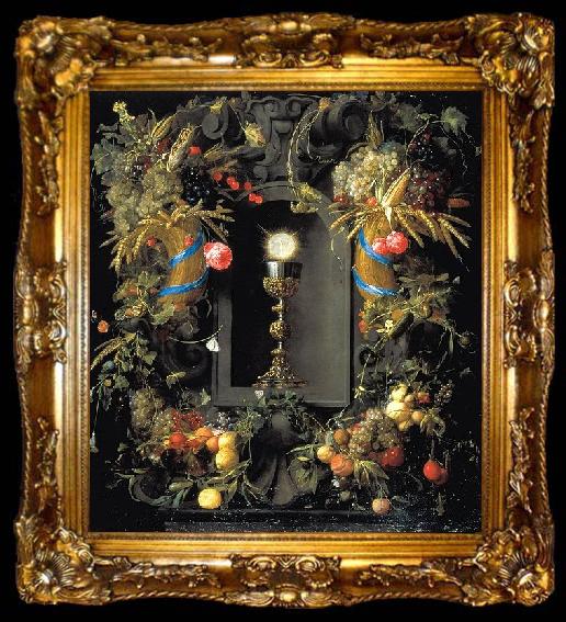 framed  Jan Davidz de Heem Communion cup encircled with a Garland of Fruit, ta009-2
